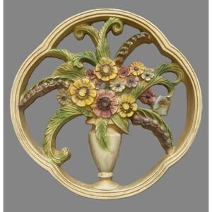 Vtg 1940s Victoriana Chalkware Antique Vase of Flowers Wall Art Plaque Charming!